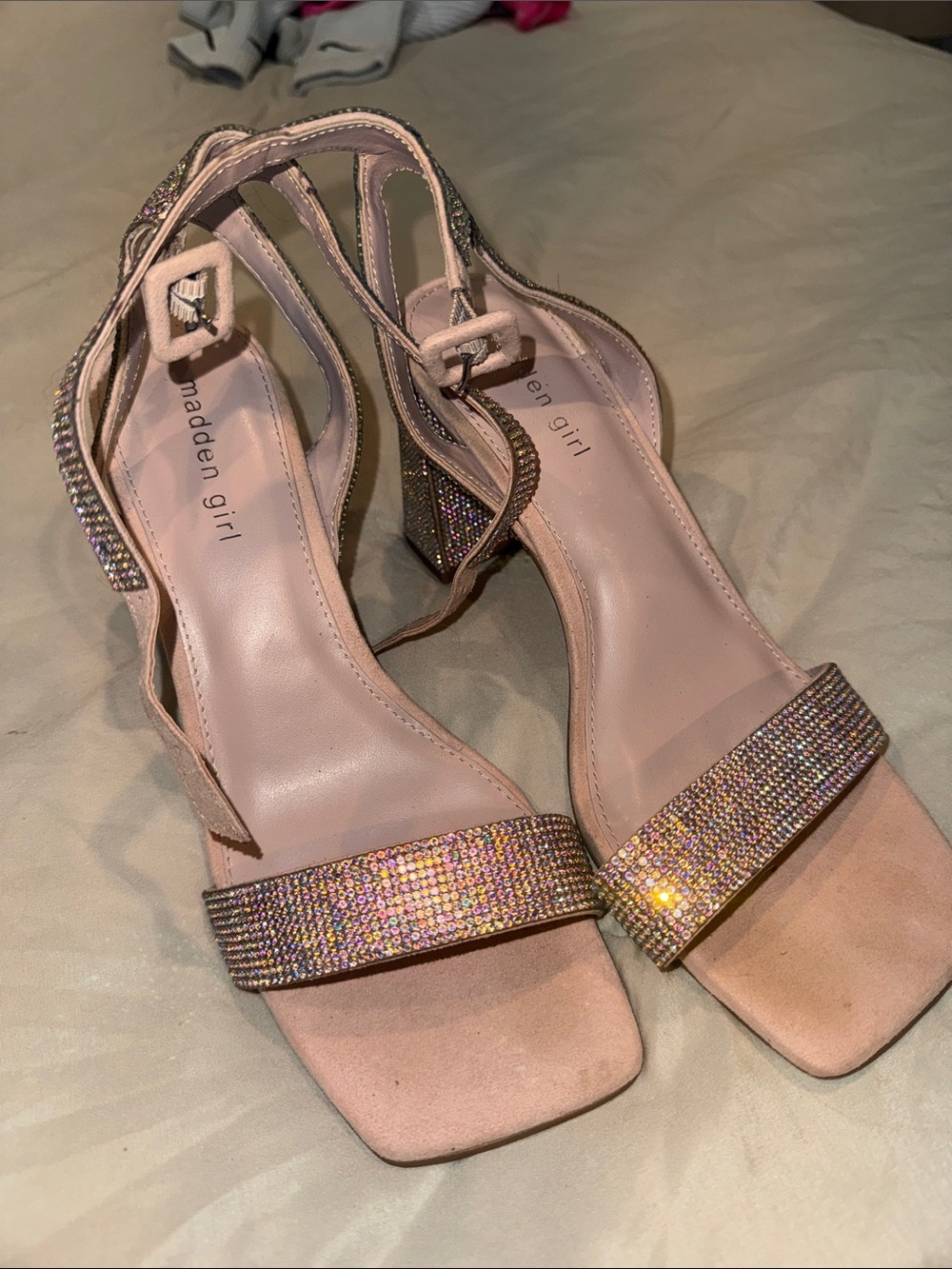 Madden Girl Rose Pink Crystal Strap Block Heels